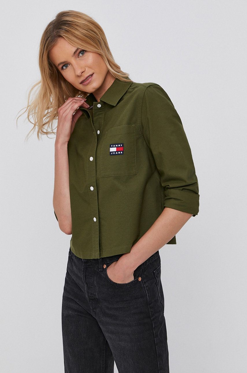 Tommy Jeans Cămașă din bumbac femei, culoarea verde, cu guler clasic, regular answear imagine noua