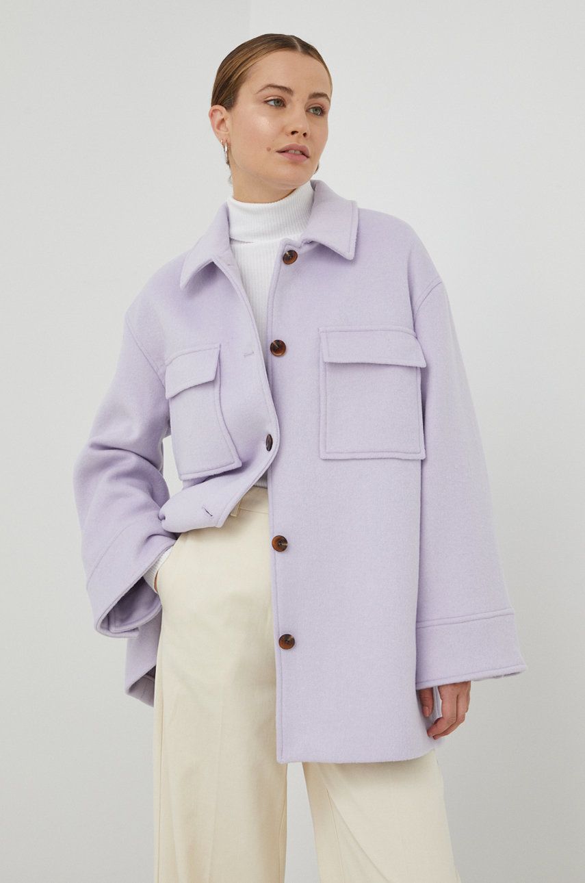 Samsoe Samsoe palton de lana culoarea violet, de tranzitie