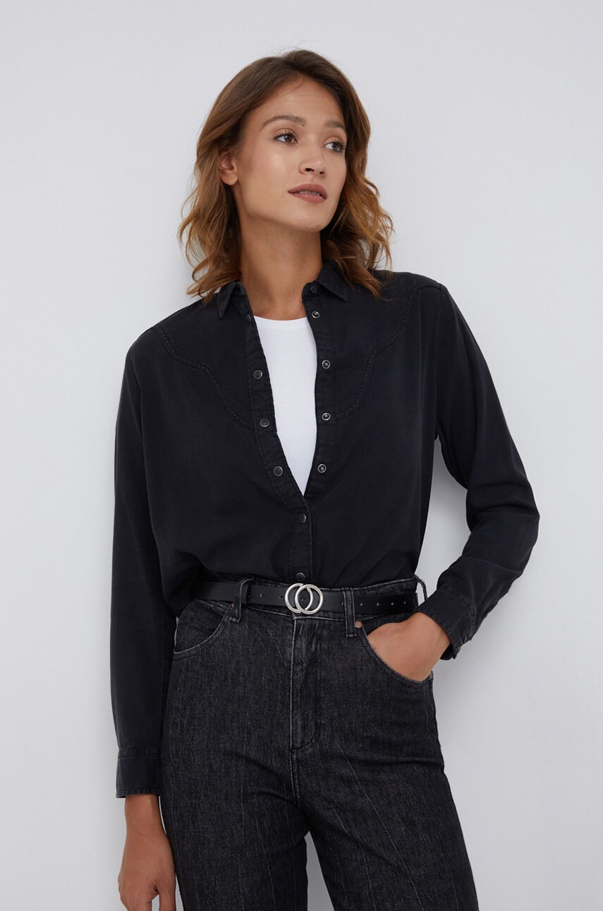 Lee cămașă femei, culoarea negru, cu guler clasic, regular