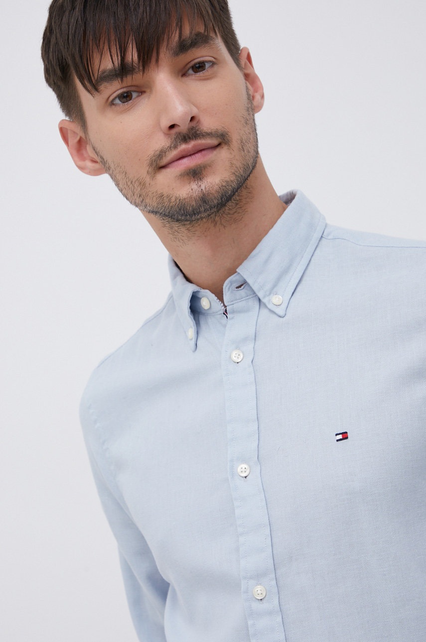 

Риза с лен Tommy Hilfiger мъжка с кройка по тялото с яка с копче, Син