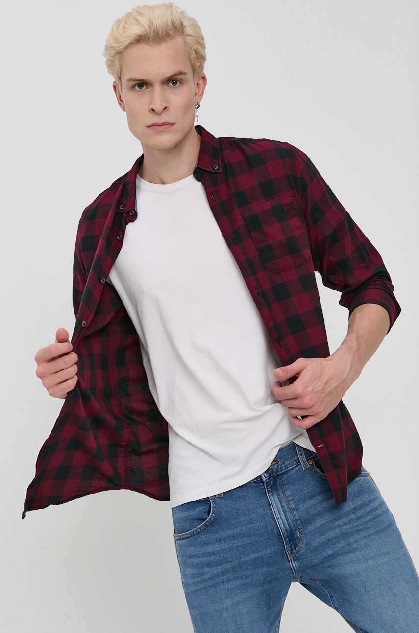 Produkt by jack & jones cămașă din bumbac bărbați, culoarea bordo, cu guler button-down, regular