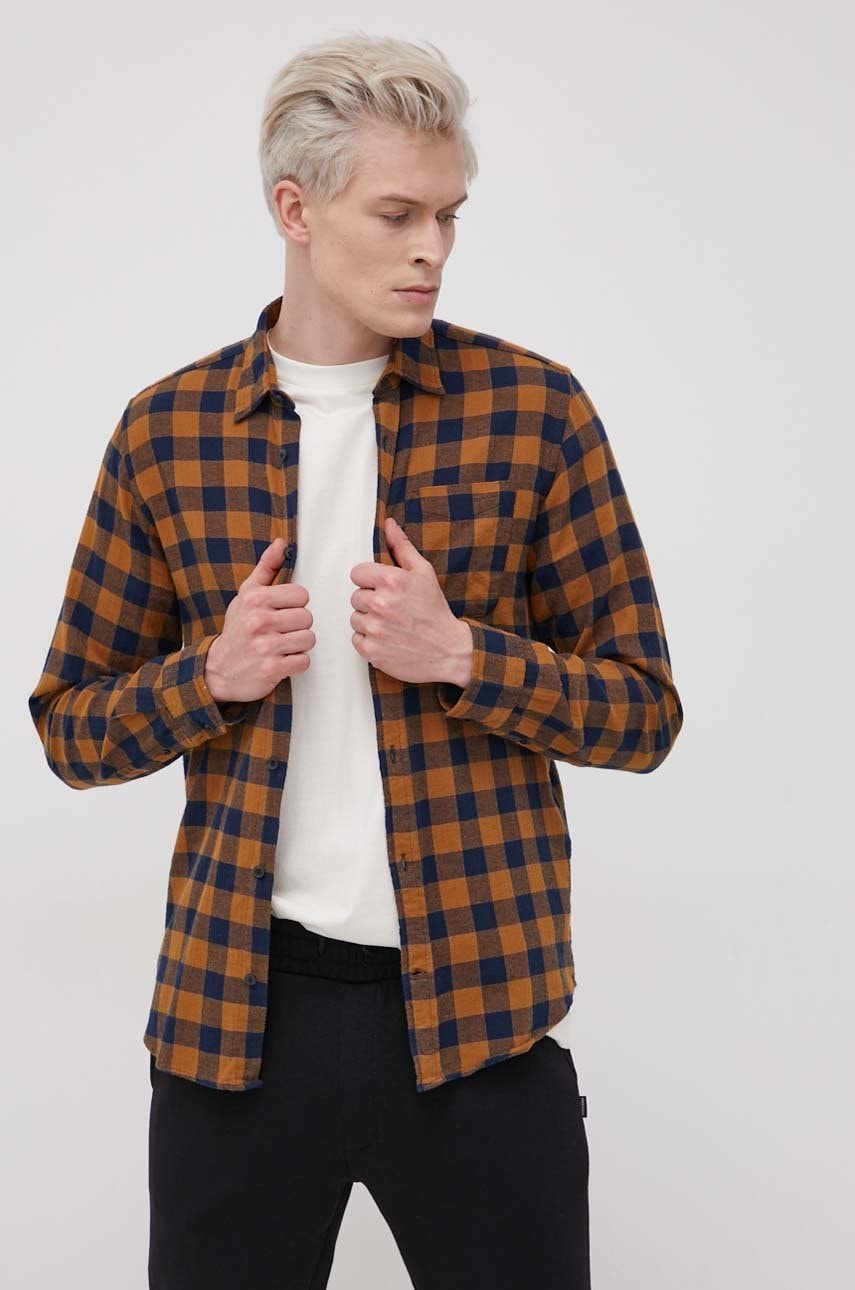 Jack & jones cămașă din bumbac bărbați, culoarea maro, cu guler clasic, regular