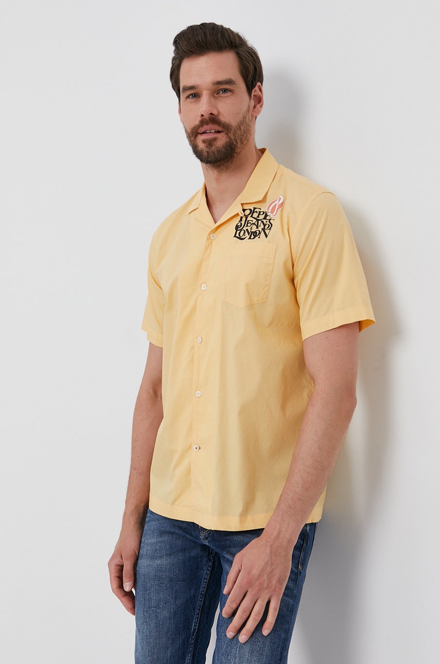 Βαμβακερό πουκάμισο Pepe Jeans ανδρικό, χρώμα: κίτρινο φωτογραφία