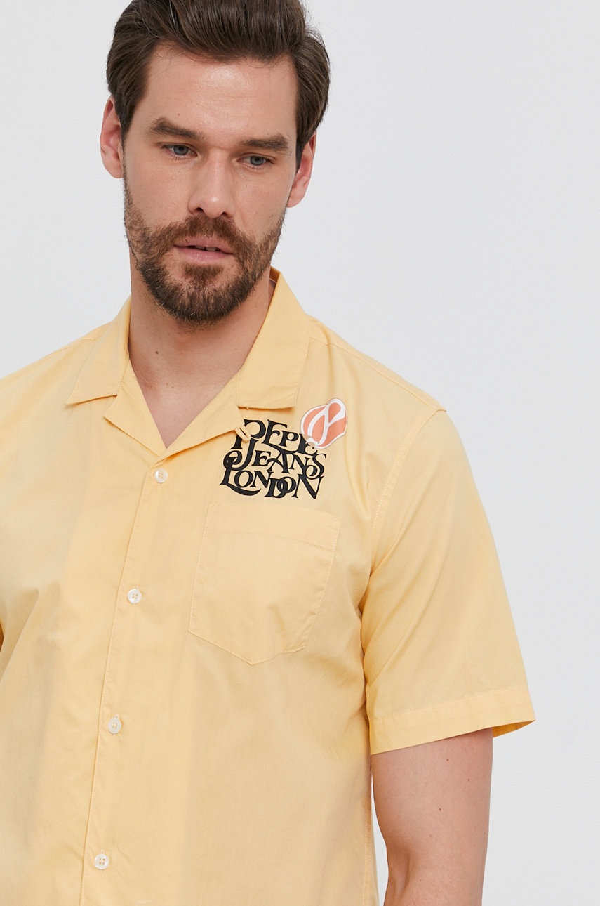 Βαμβακερό πουκάμισο Pepe Jeans ανδρικό, χρώμα: κίτρινο φωτογραφία