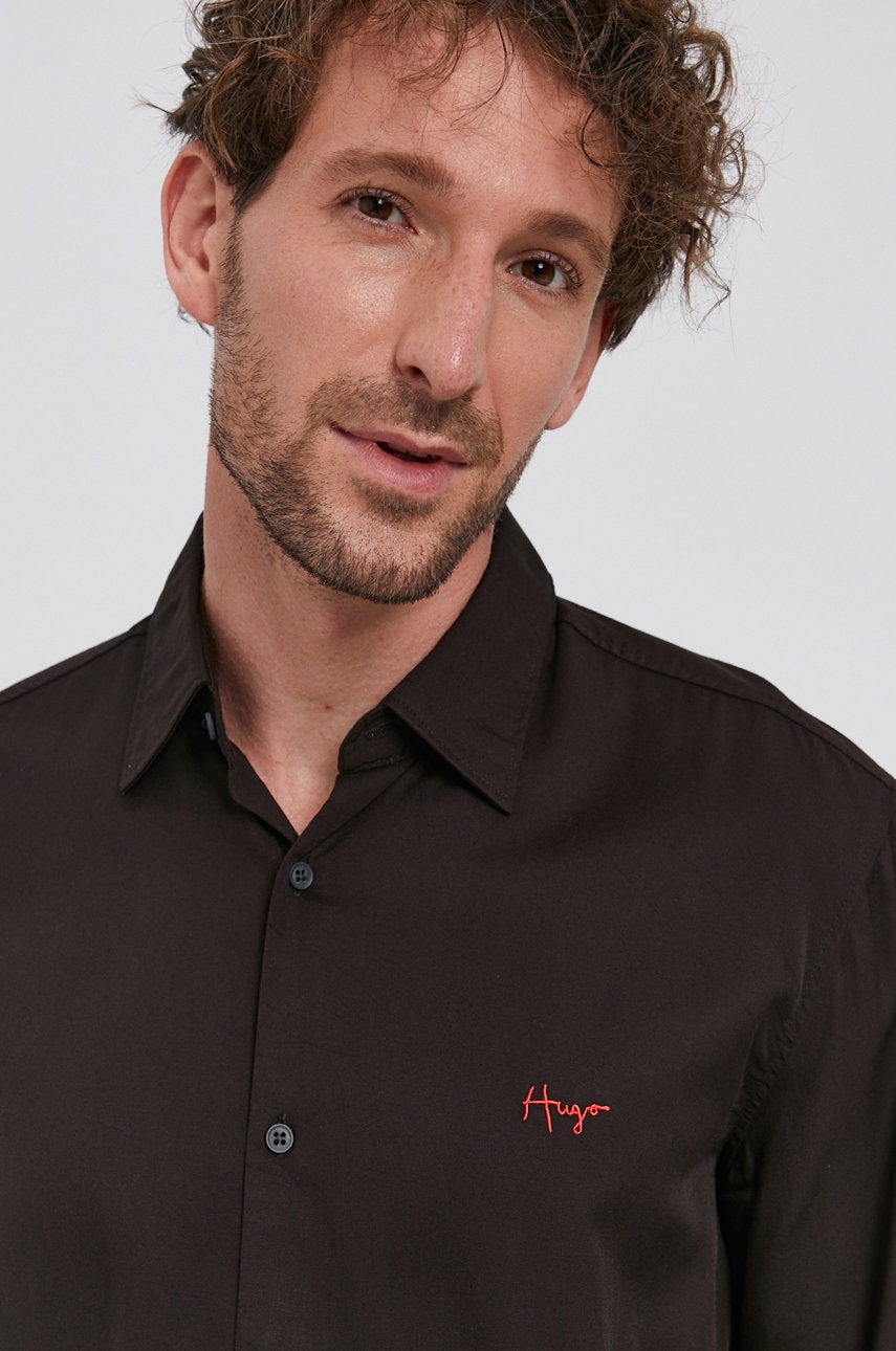 Hugo cămașă bărbați, culoarea negru, cu guler clasic, slim