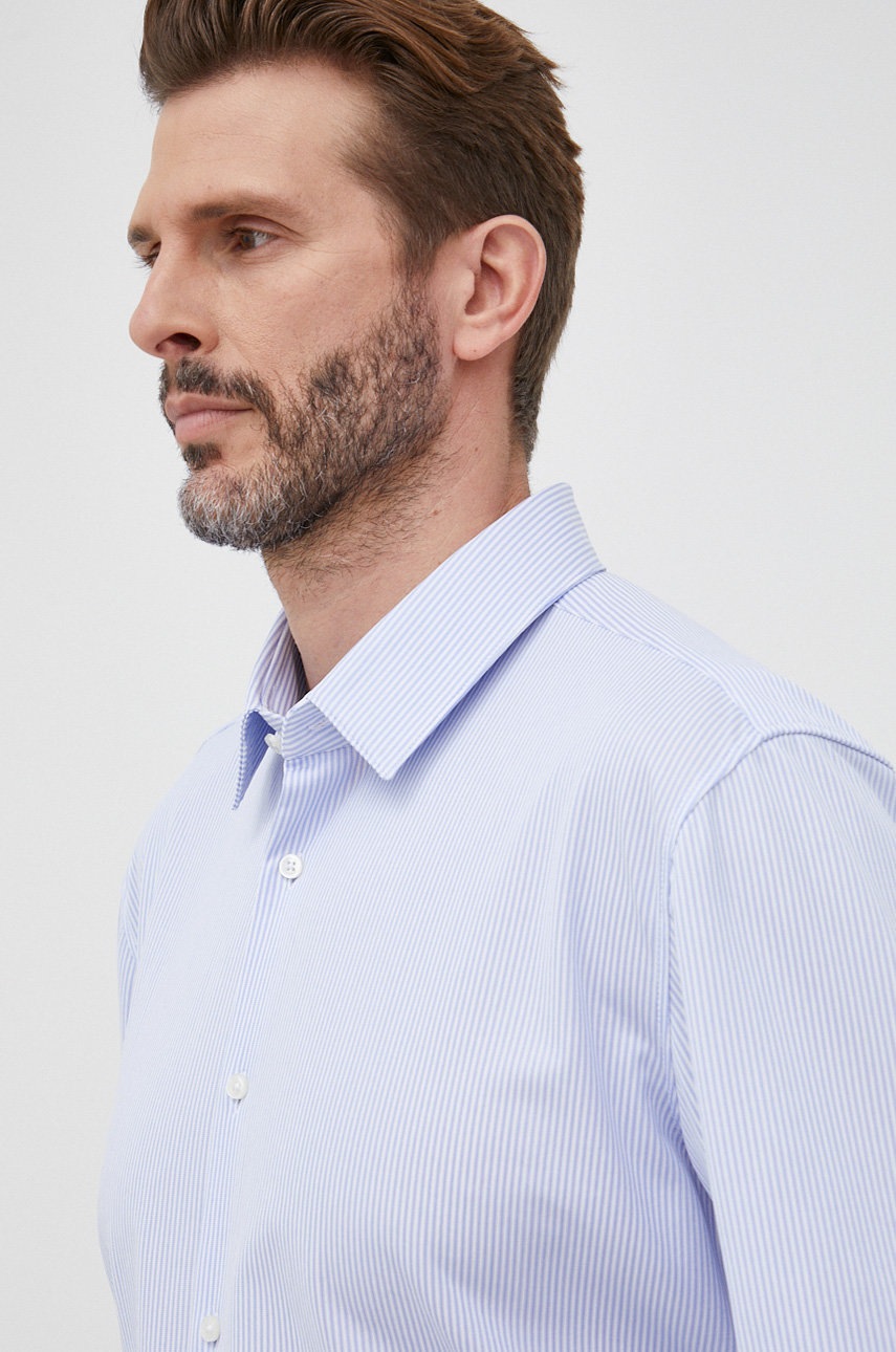 

Риза BOSS мъжка с кройка по тялото с класическа яка, Син