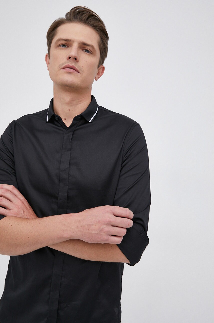 Armani exchange cămașă din bumbac bărbați, culoarea negru, cu guler clasic, slim