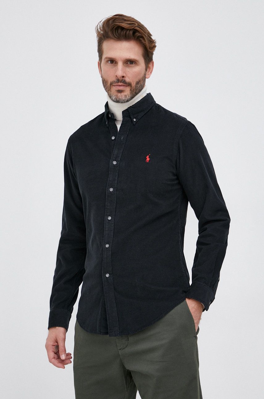 Manšestrová košile Polo Ralph Lauren pánská, černá barva, regular, s límečkem button-down - černá - 