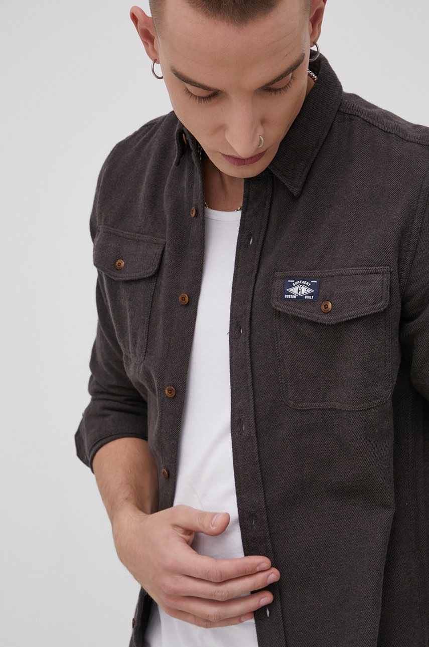 

Памучна риза Superdry мъжка в сиво със стандартна кройка с яка с копче, Сив
