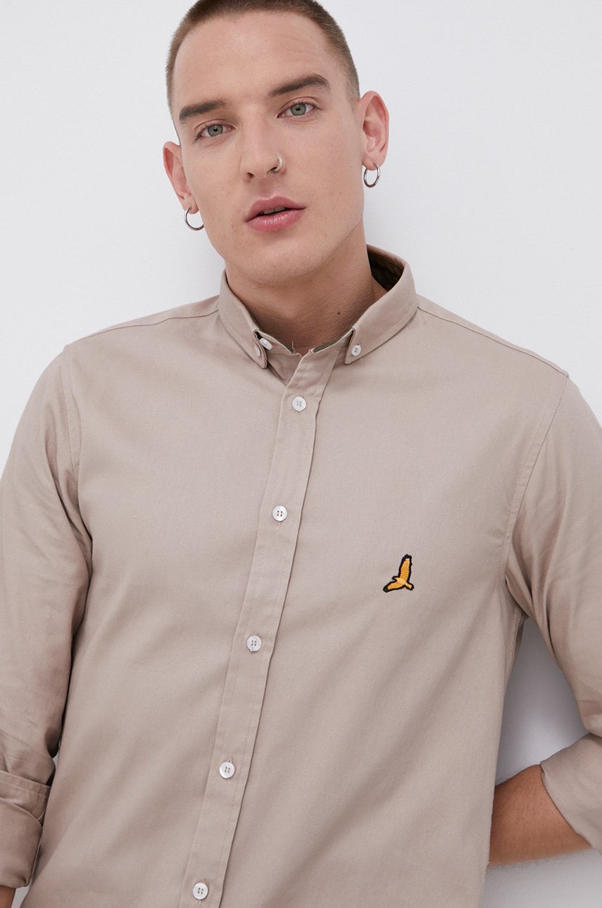 Brave soul cămașă din bumbac bărbați, culoarea bej, cu guler button-down, regular