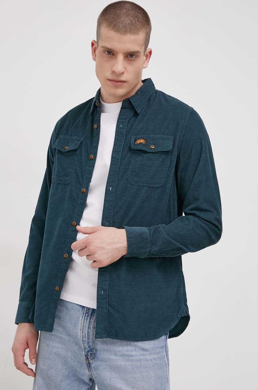 Superdry cămașă din velur bărbați, culoarea verde, cu guler clasic, regular