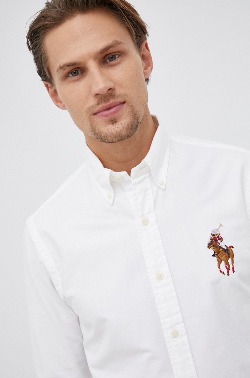 

Памучна риза Polo Ralph Lauren мъжка в бяло със стандартна кройка с яка с копче, Бял