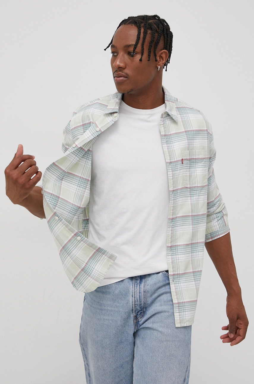 Levi's cămașă din bumbac bărbați, culoarea verde, cu guler clasic, regular