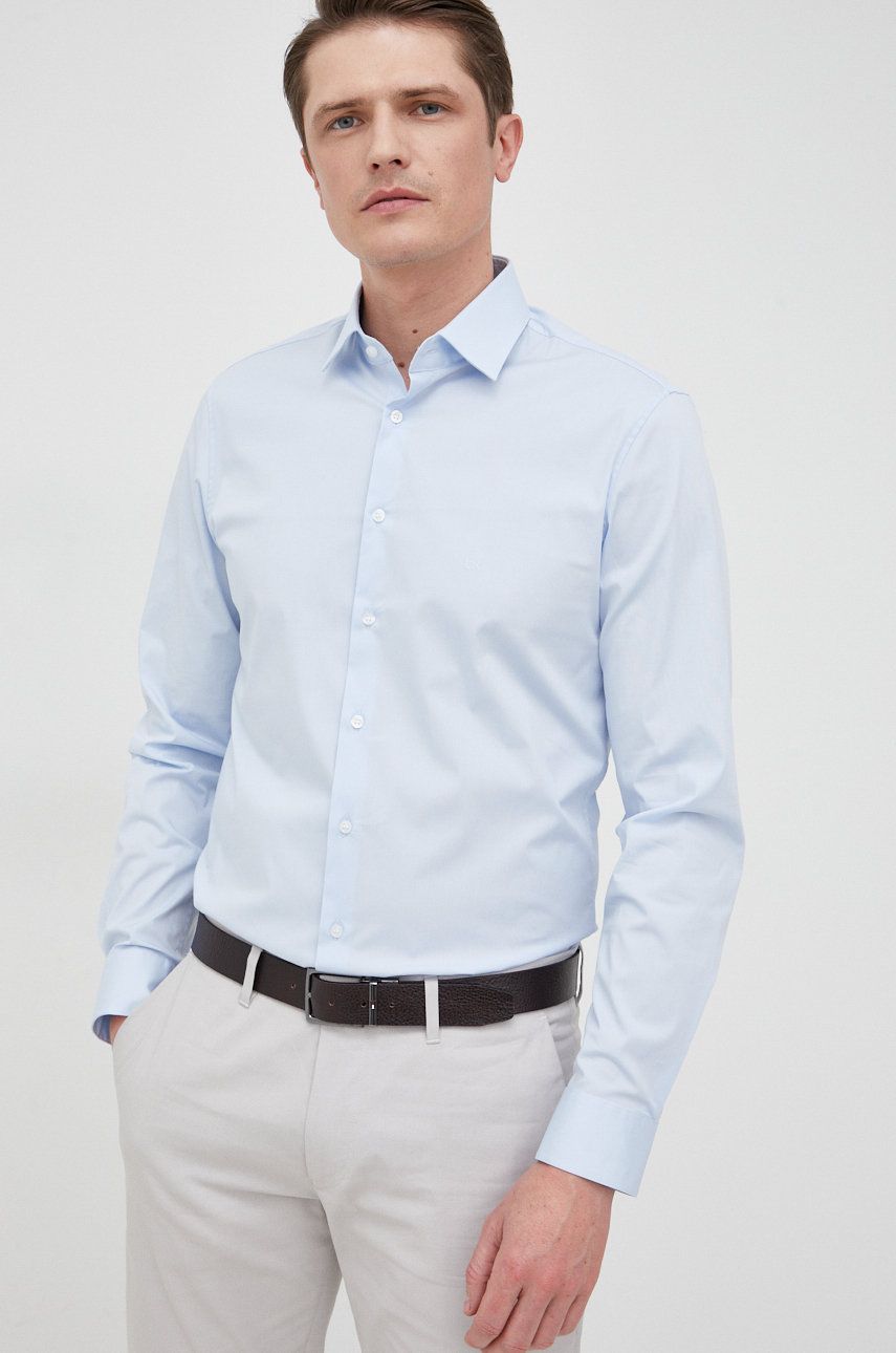 Košile Calvin Klein pánská, slim, s klasickým límcem - modrá -  96% Bavlna