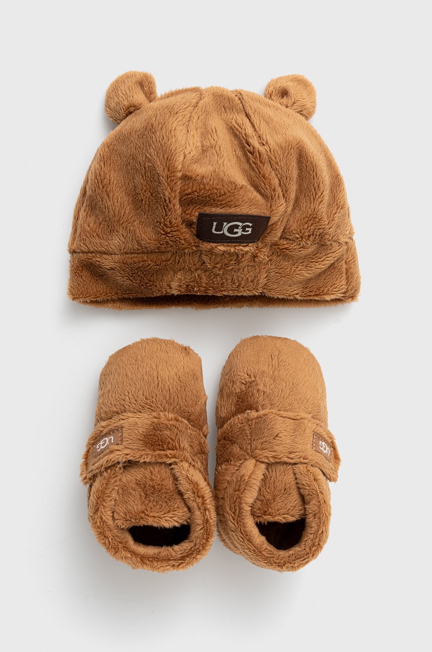Ugg set papuci și căciulă pentru copii culoarea maro