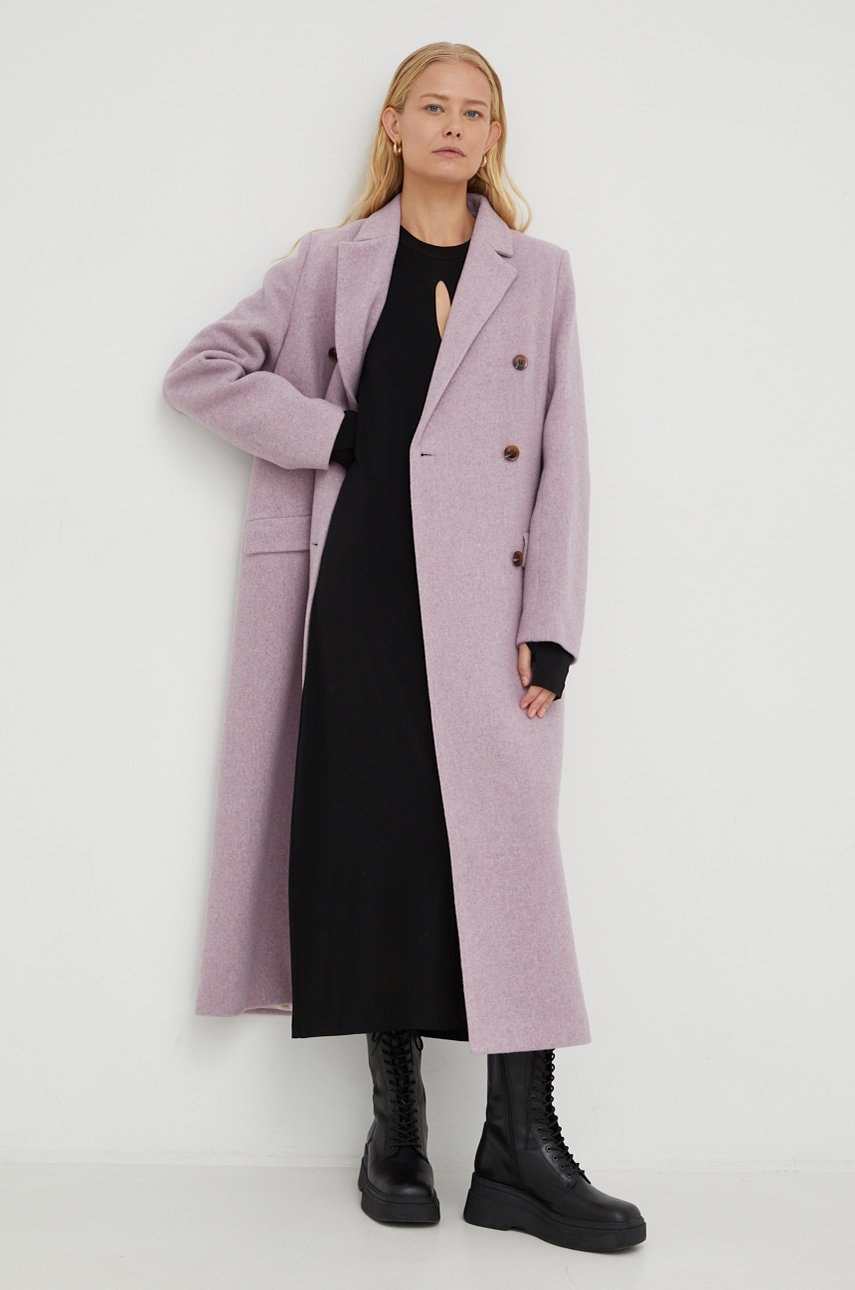 Samsoe samsoe palton femei, culoarea violet, de tranzitie, cu doua randuri de nasturi