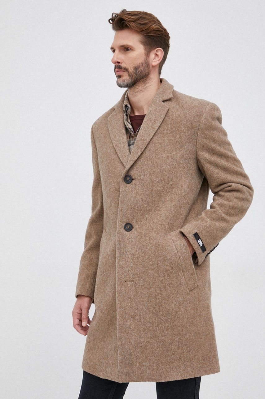 Karl Lagerfeld Palton de lână culoarea bej, de tranzitie ANSWEAR