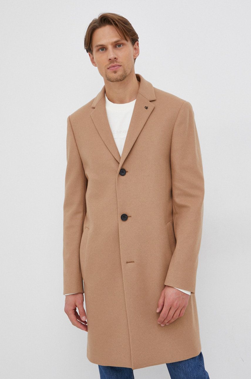 Calvin Klein Płaszcz wełniany kolor beżowy przejściowy