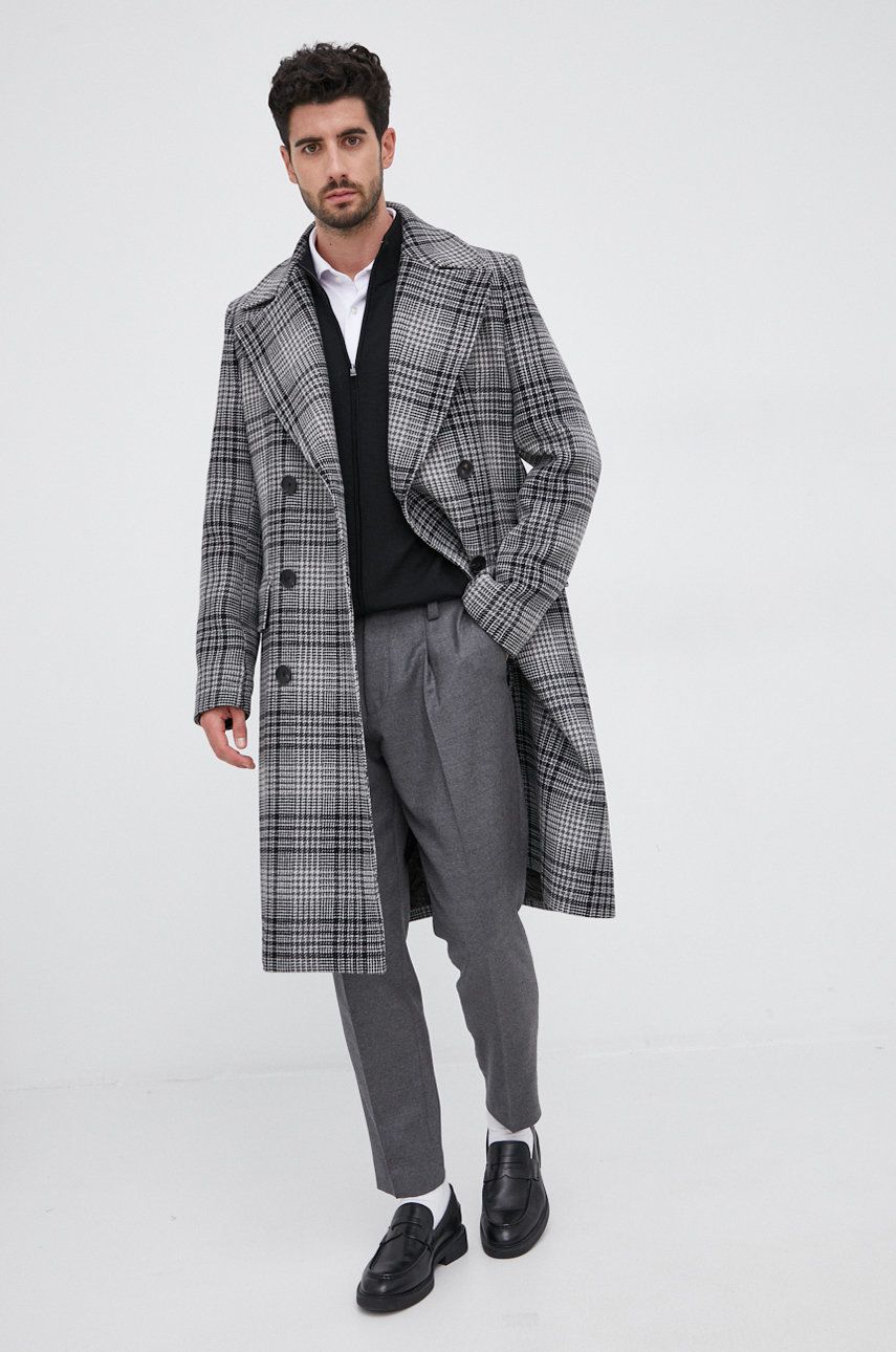 Boss Palton de lână culoarea gri, de tranzitie, cu doua randuri de nasturi answear imagine noua