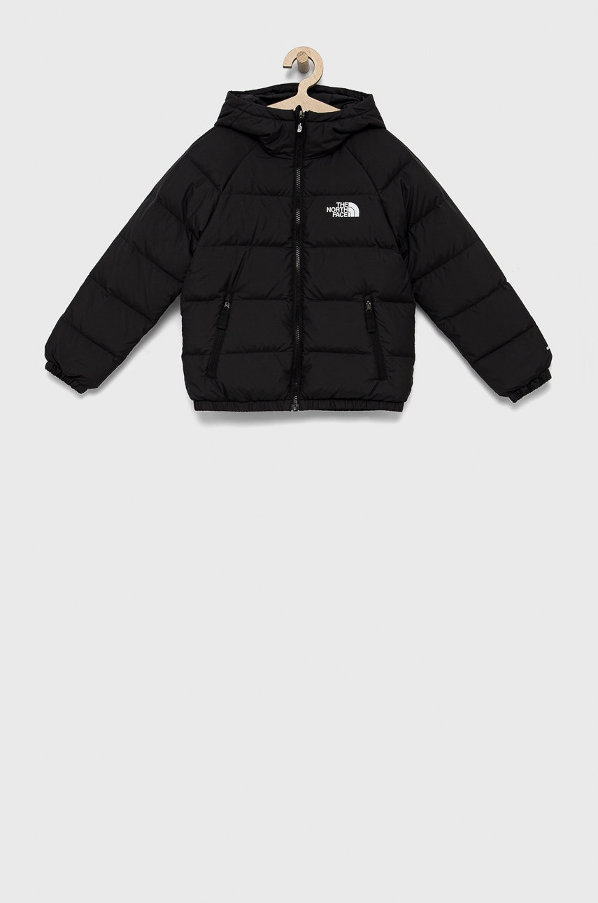 The North Face geacă de puf reversibila pentru copii culoarea negru