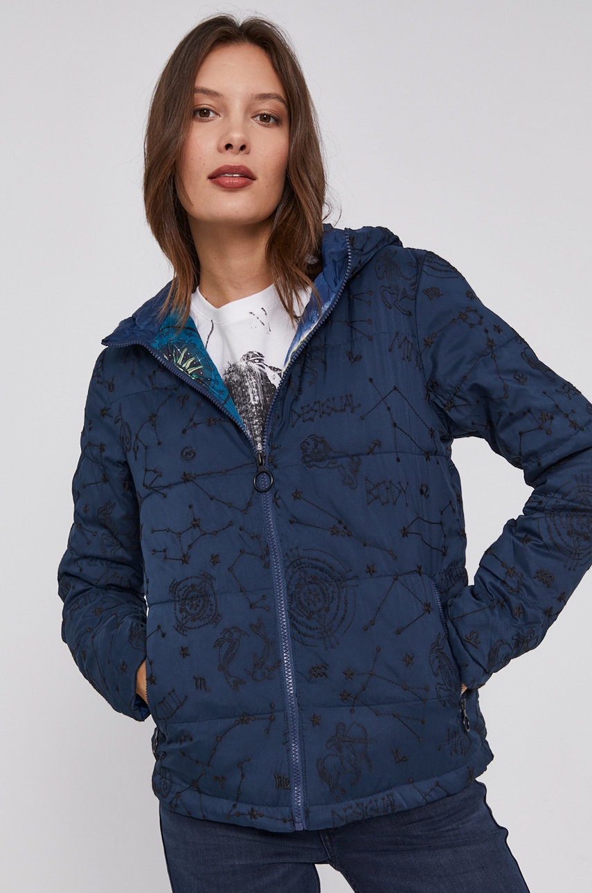 Desigual geacă femei, culoarea albastru marin, de tranzitie