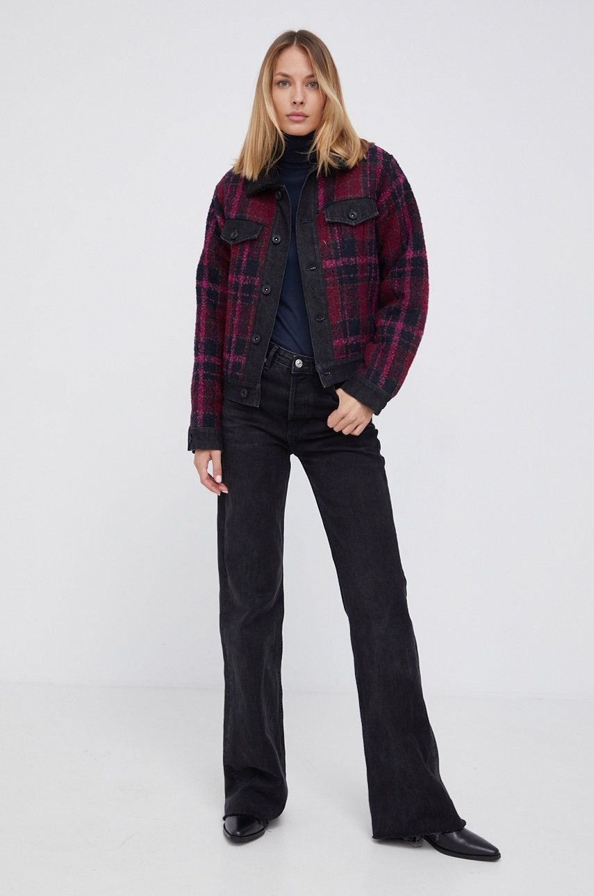 

Куртка-бомбер з домішкою вовни Desigual колір бордовий перехідна oversize