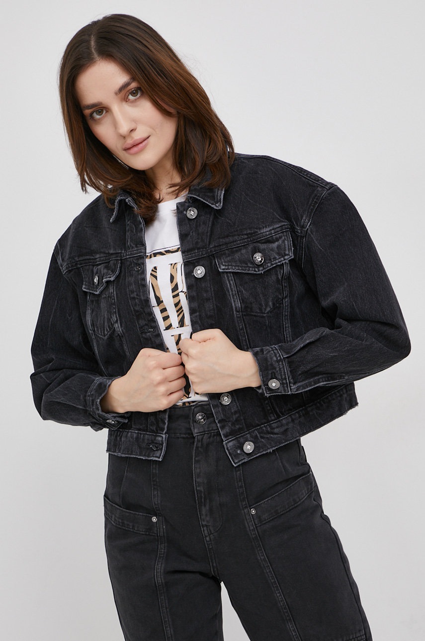 Only Geacă jeans culoarea negru, de tranzitie, oversize