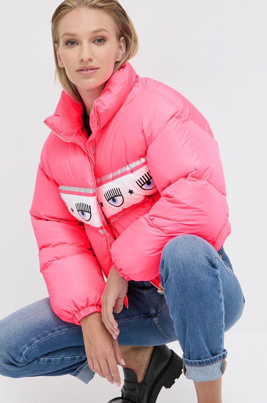 Chiara Ferragni Geacă de puf Maxilogomania femei, culoarea roz, de iarnă