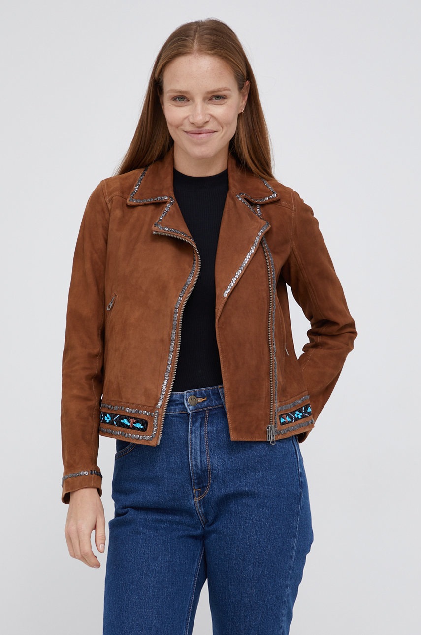 

Замшевая куртка Pepe Jeans женская цвет коричневый переходная