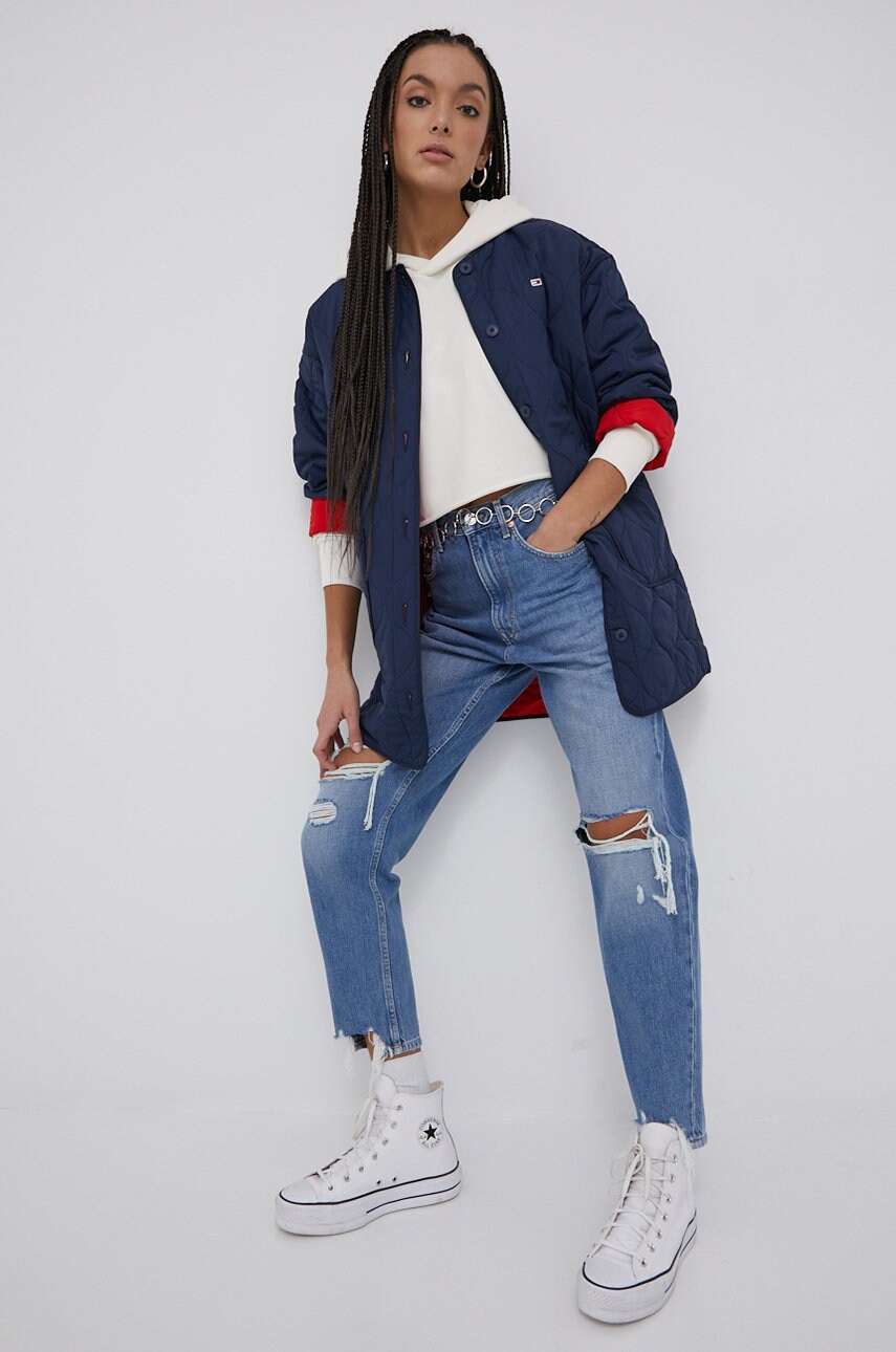 Tommy jeans geaca femei, culoarea albastru marin, de tranzitie, oversize