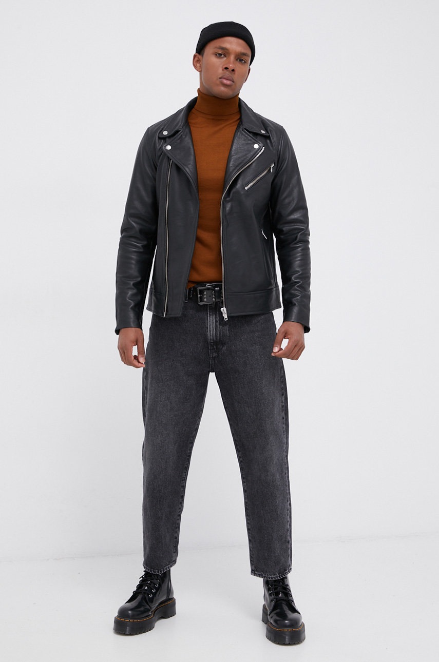 

Кожаная куртка Premium by Jack&Jones мужская цвет чёрный переходная