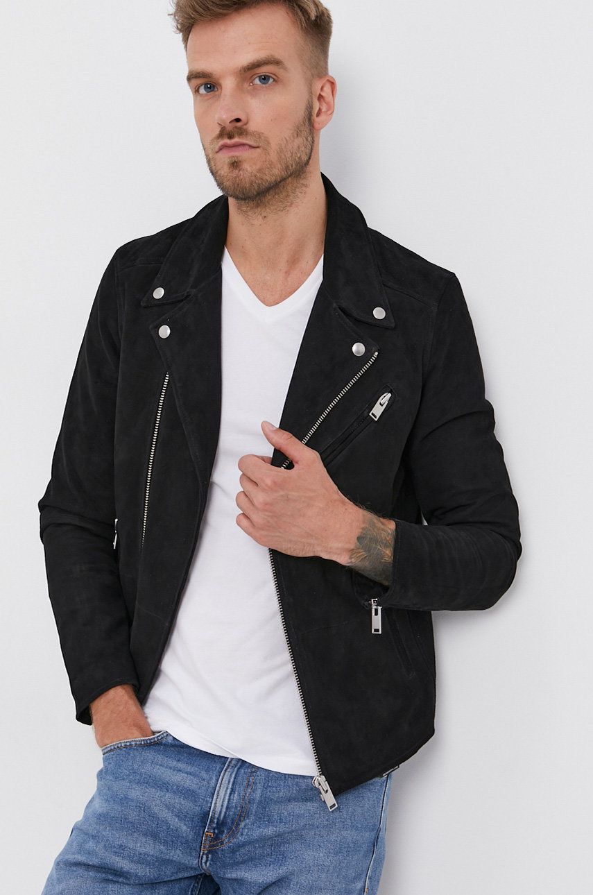 Selected O jacheta biker din piele întoarsă bărbați, culoarea negru, de tranzitie answear.ro