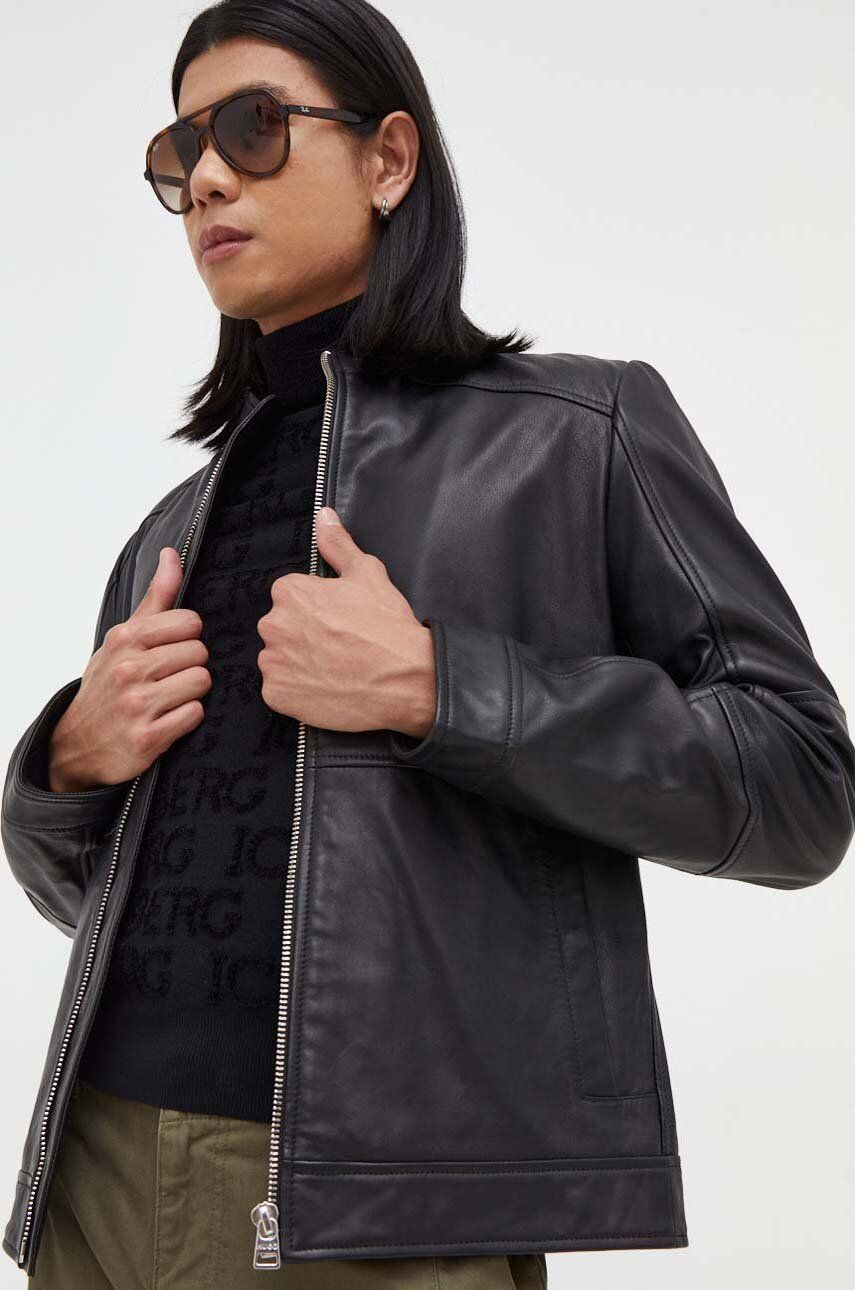 Kožená bunda HUGO pánská, černá barva, přechodná - černá -  Hlavní materiál: 100 % Přírodní kůž