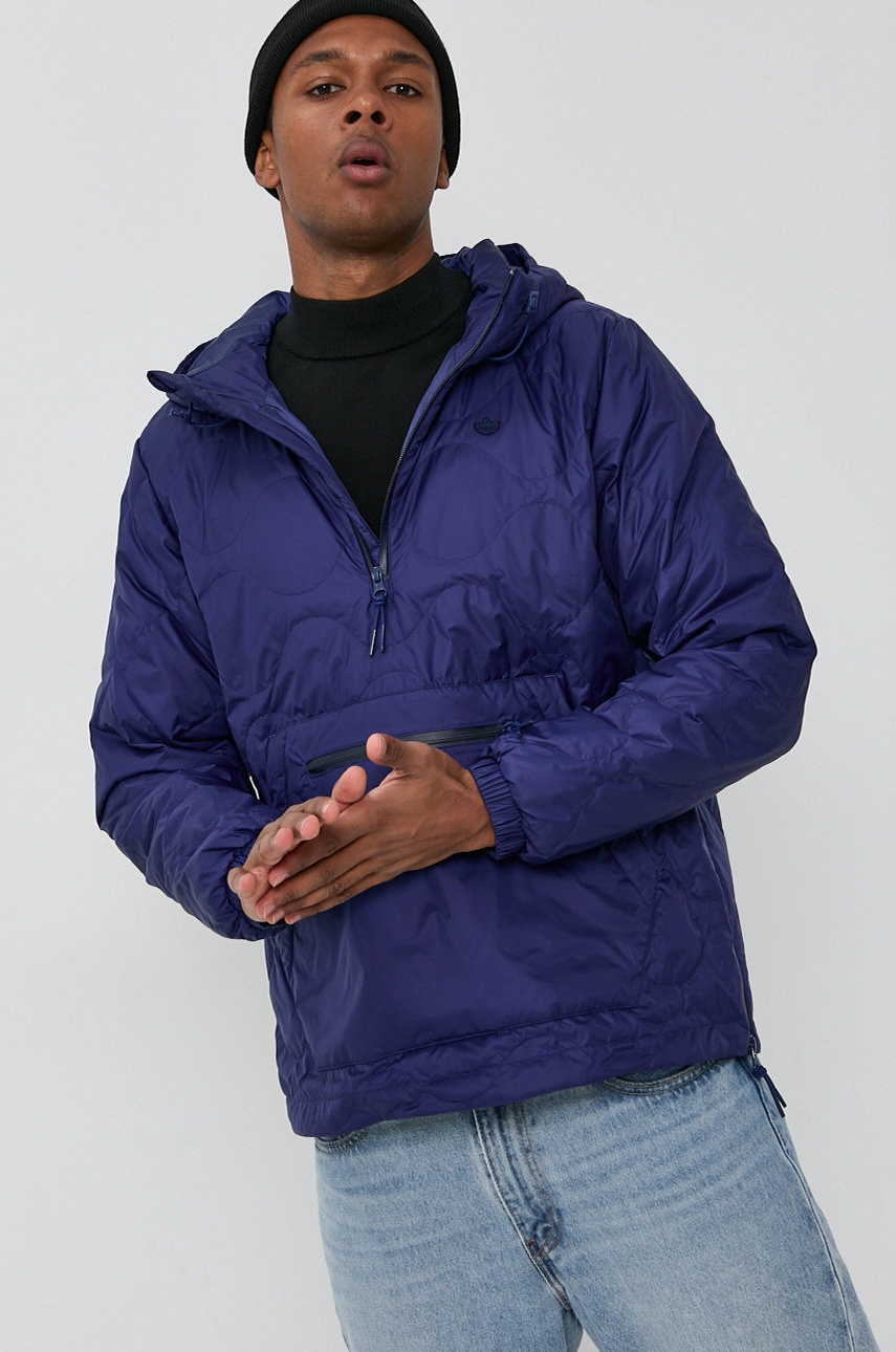 Adidas originals geacă de puf bărbați, culoarea albastru marin, de tranzitie