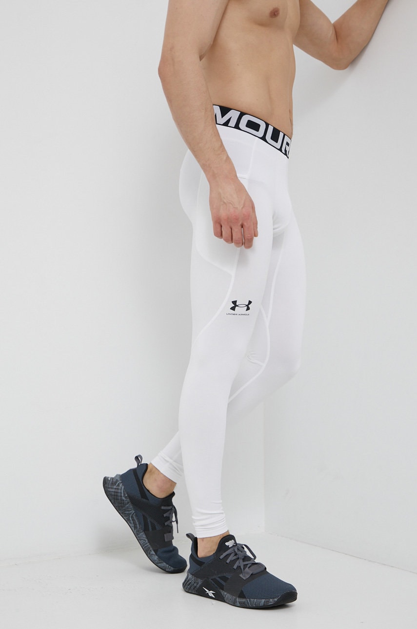Under armour colanți bărbați, culoarea alb, material neted