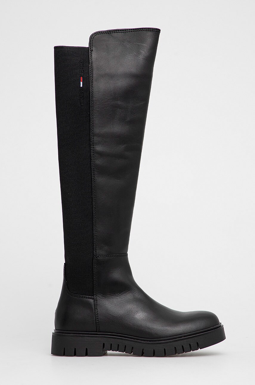 Tommy jeans ghete de piele femei, culoarea negru, cu toc plat
