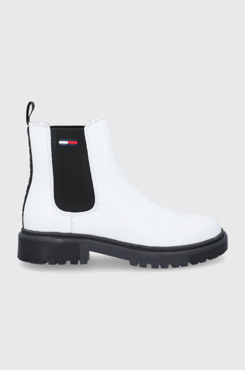 Tommy jeans ghete chelsea de piele femei, culoarea alb, cu toc plat