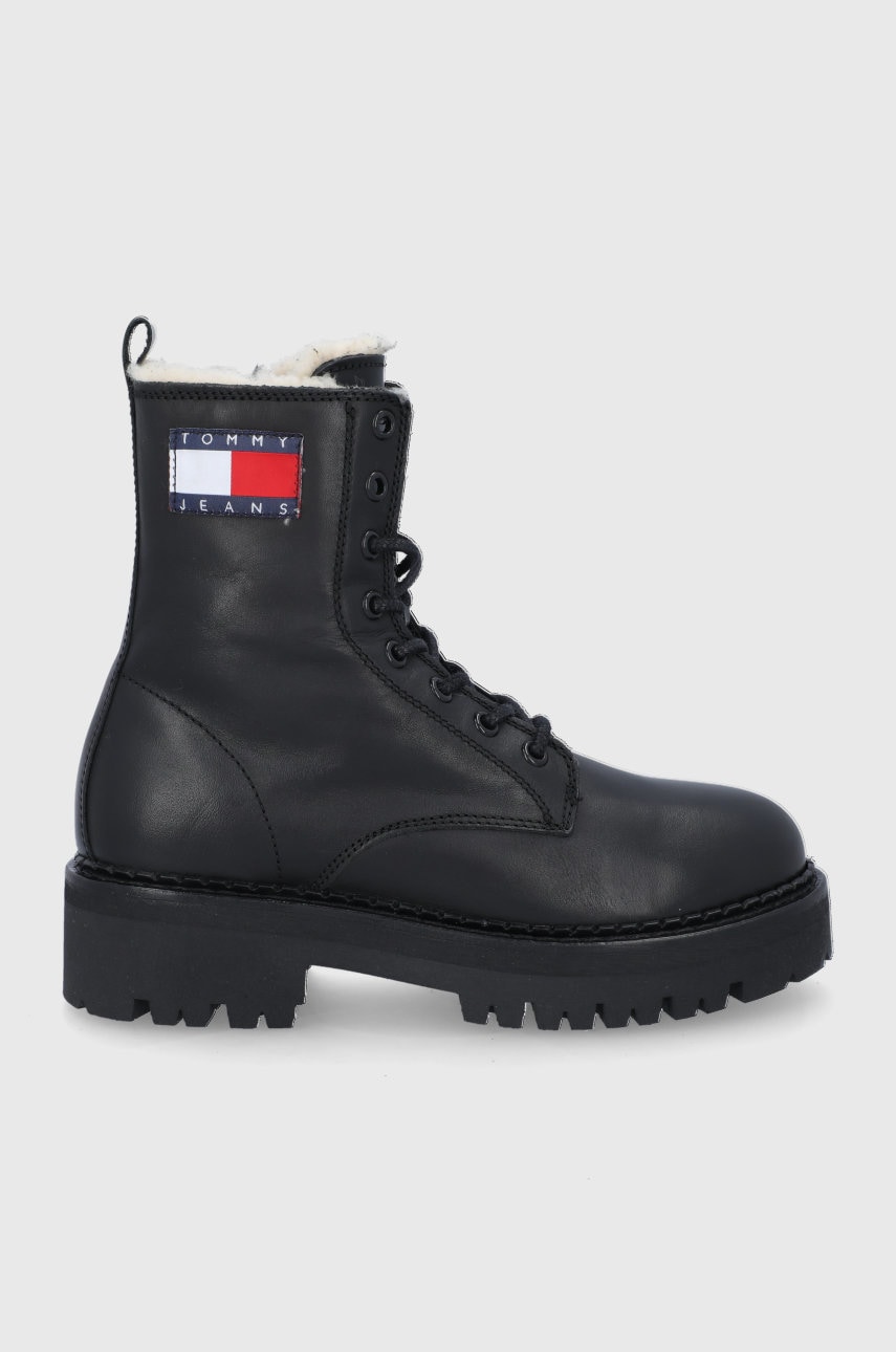 Tommy jeans bocanci de piele femei, culoarea negru, cu platformă, izolat