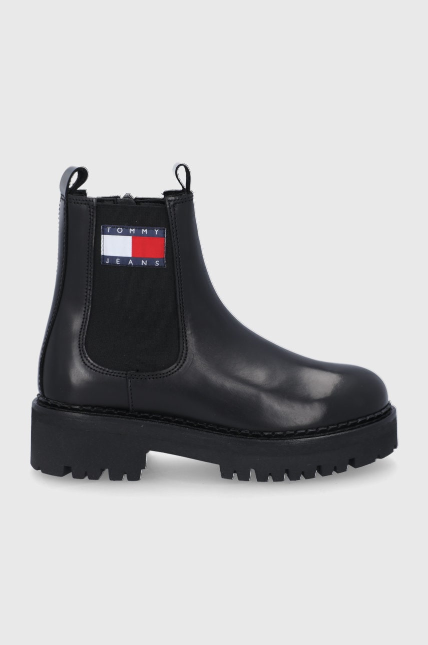 Tommy jeans ghete chelsea de piele femei, culoarea negru, cu platformă, izolare usoara