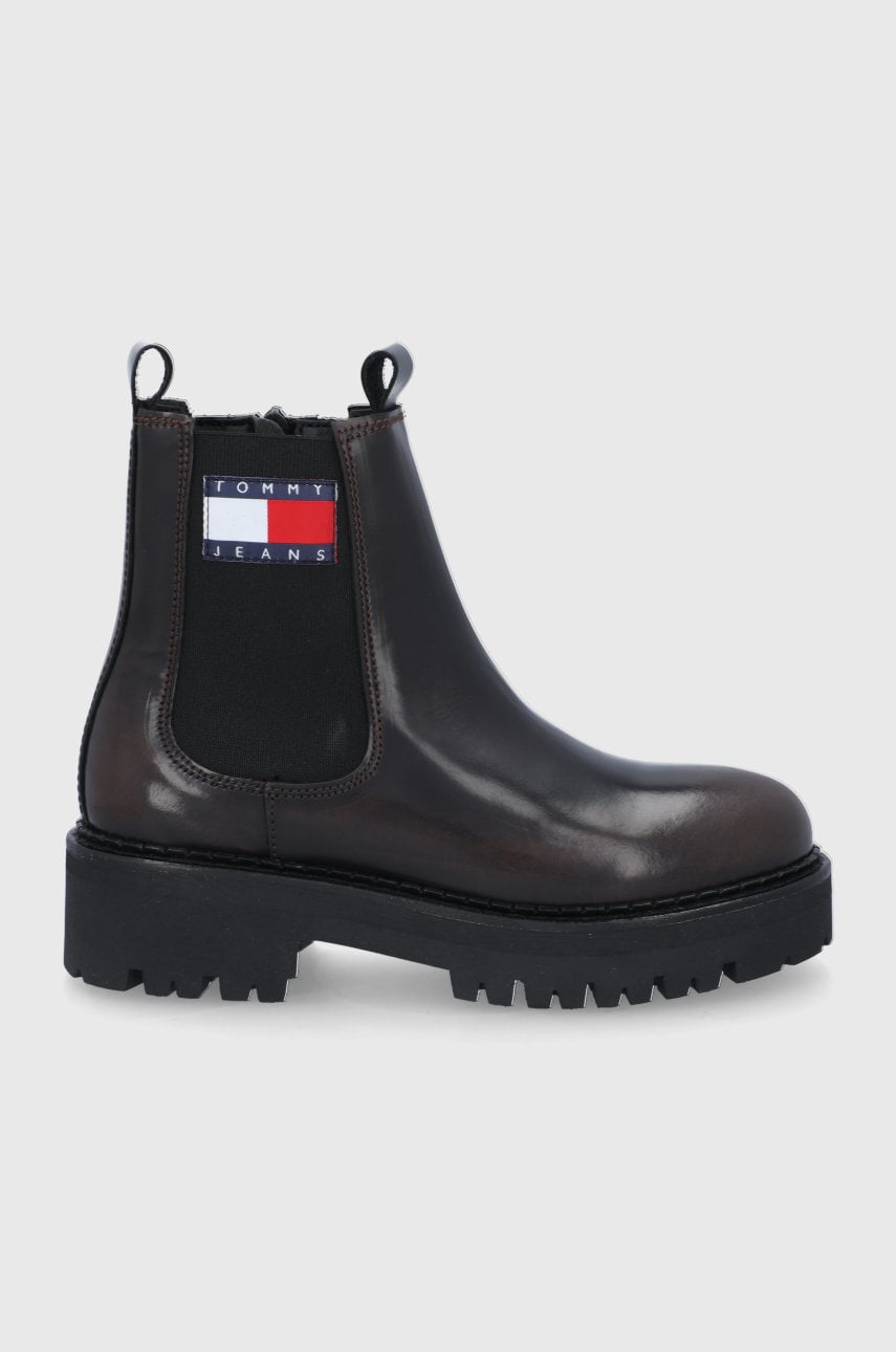 Tommy jeans ghete chelsea de piele femei, culoarea maro, cu platformă