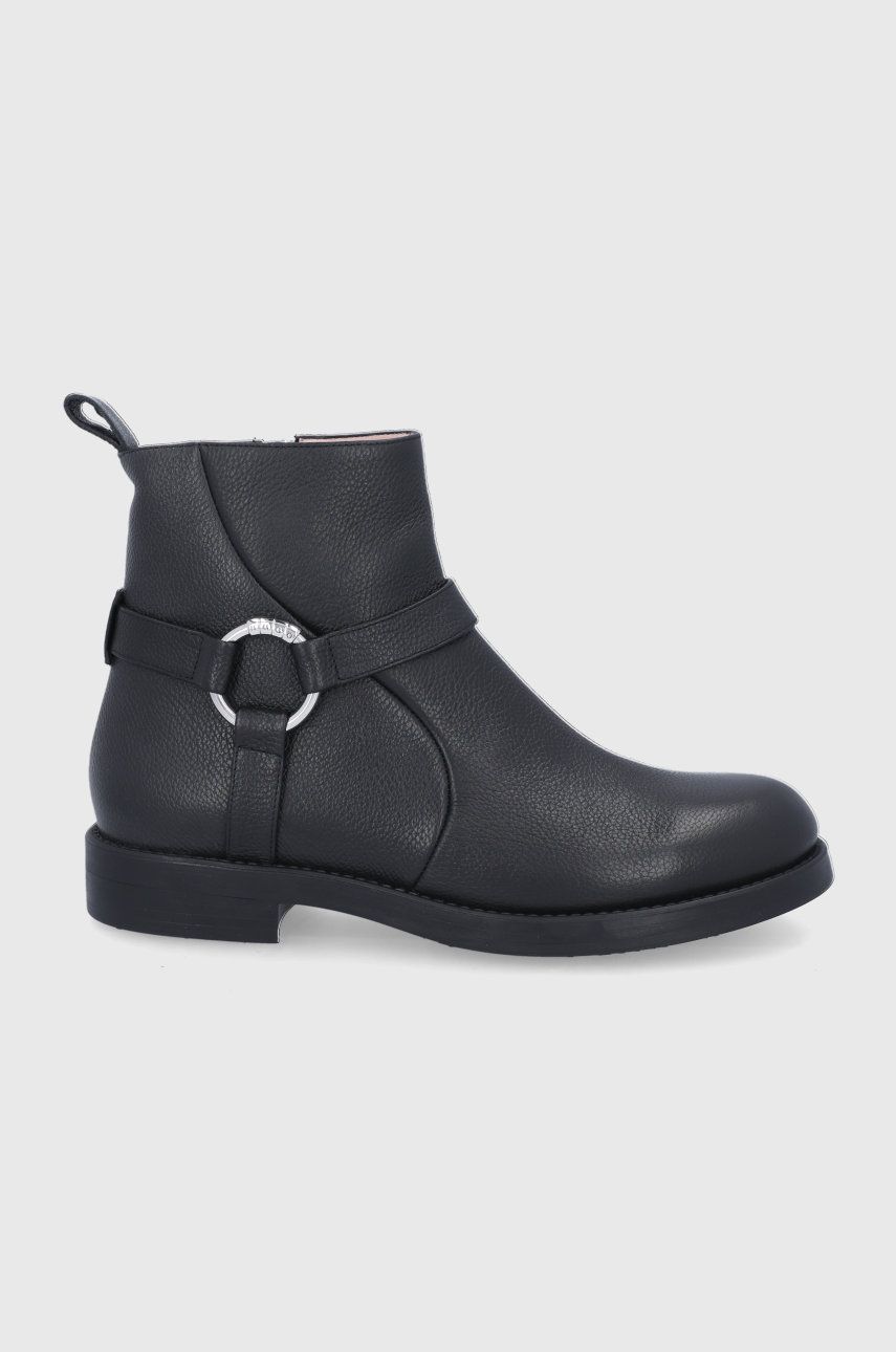 Kožené kotníkové boty Hugo dámské, černá barva, na plochém podpatku - černá -  Svršek: Přírodní