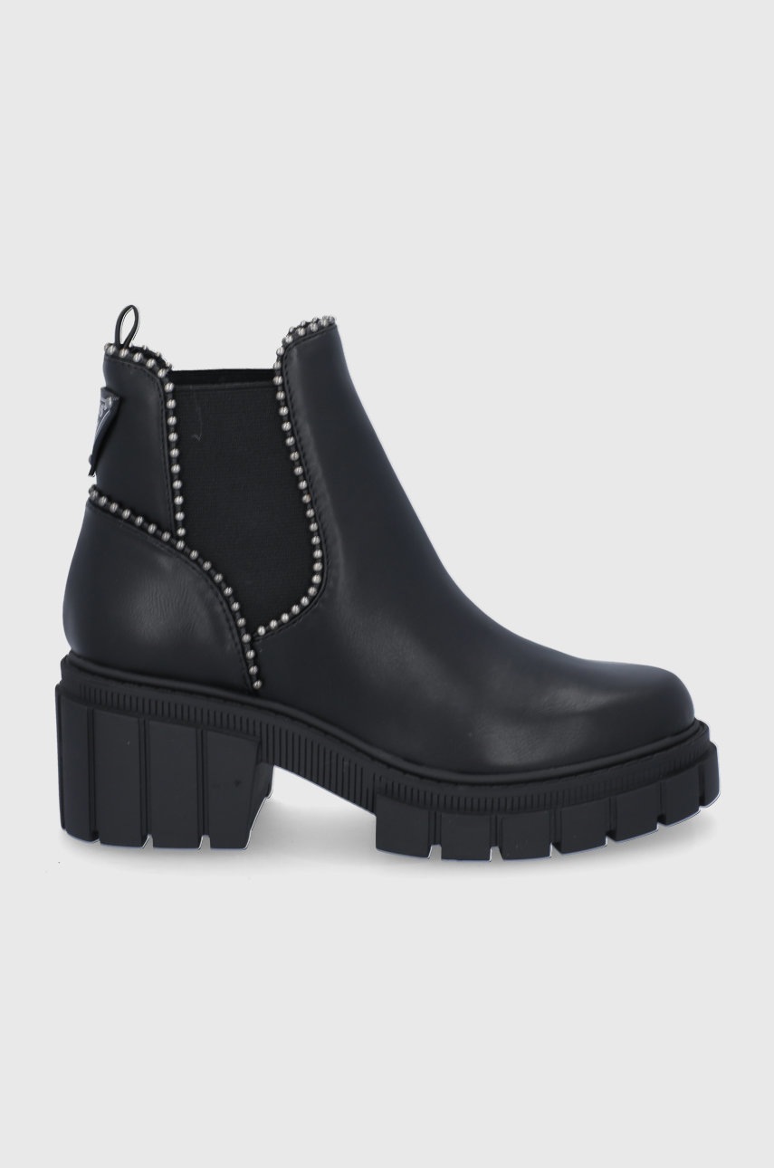 

Кожени боти челси Guess дамски в черно с равна подметка, Черен