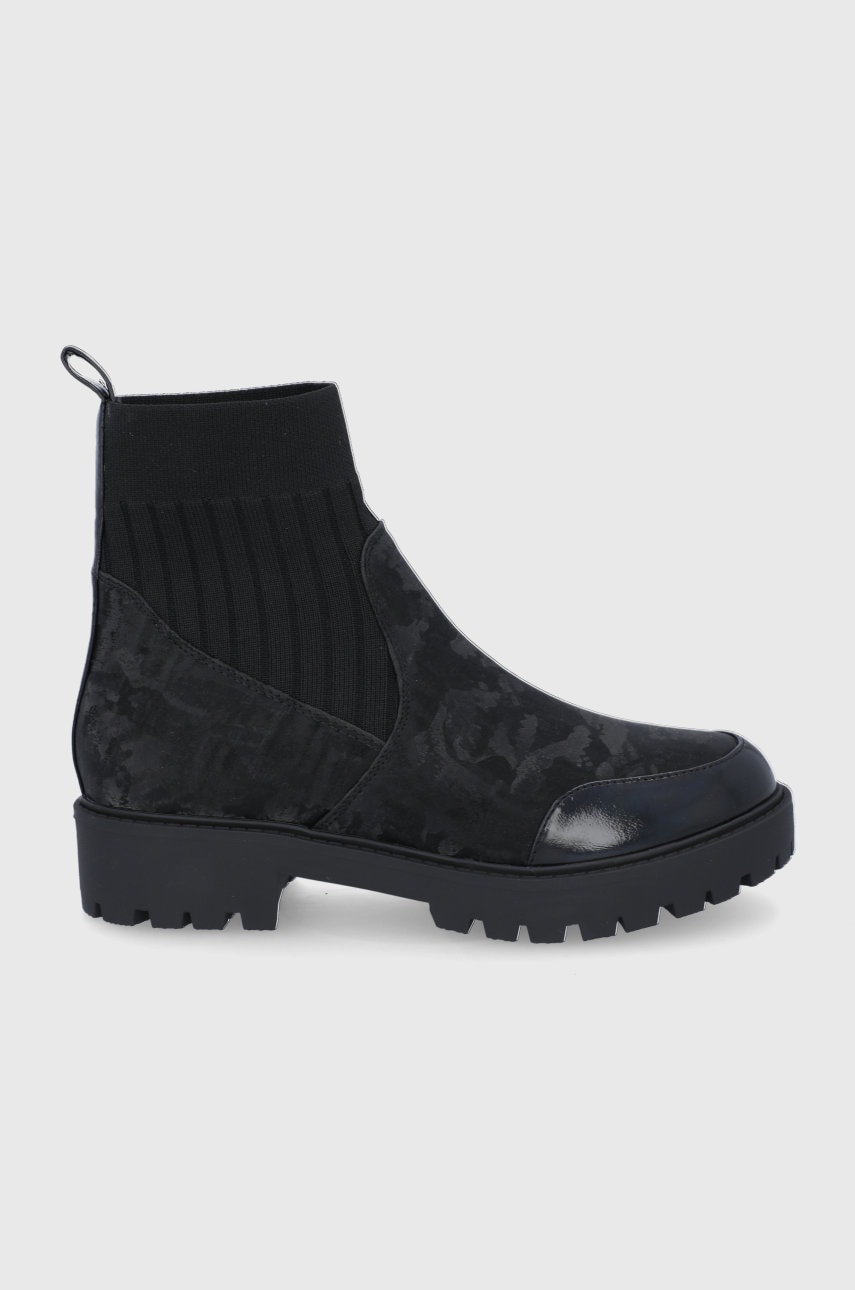 Desigual botine femei, culoarea negru, cu toc plat