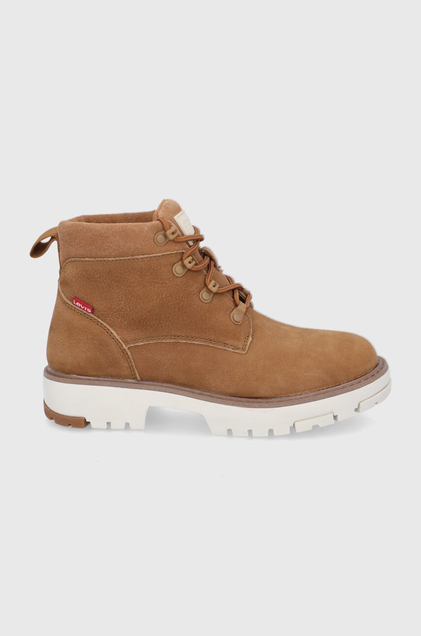 Levi's bocanci de piele femei, culoarea maro, cu toc plat