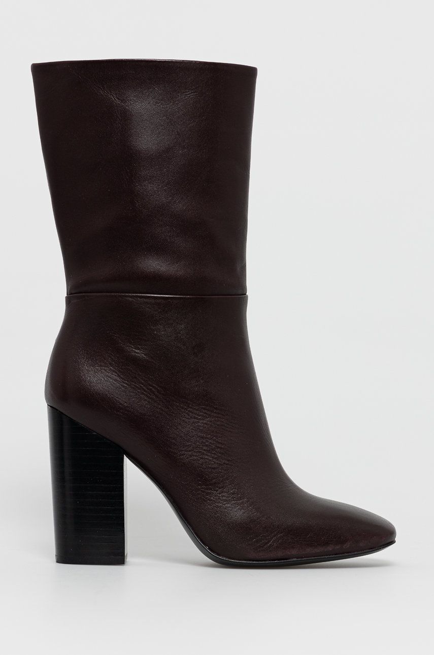Levně Kožené kotníkové boty Calvin Klein dámské, hnědá barva, na podpatku