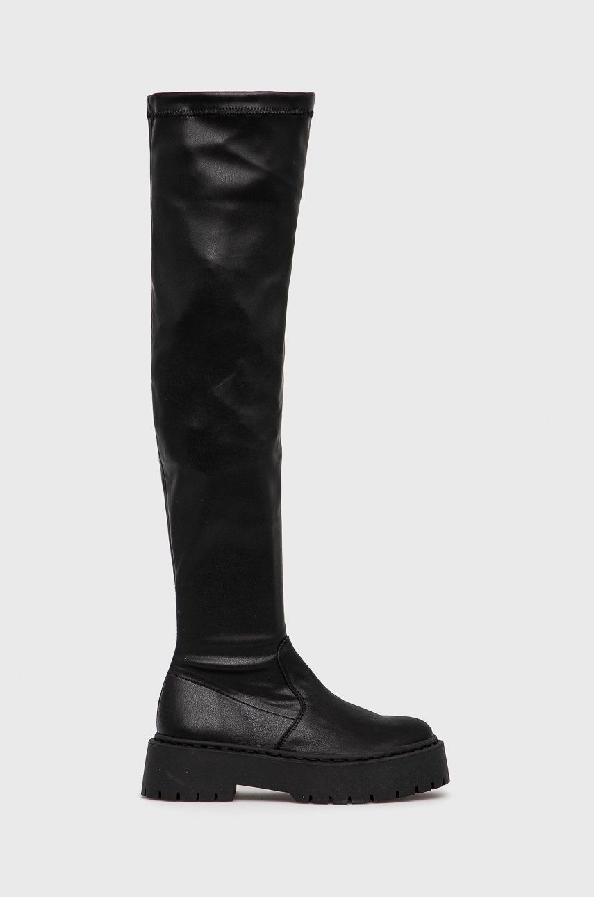 Levně Kožené kozačky Steve Madden dámské, černá barva, na plochém podpatku