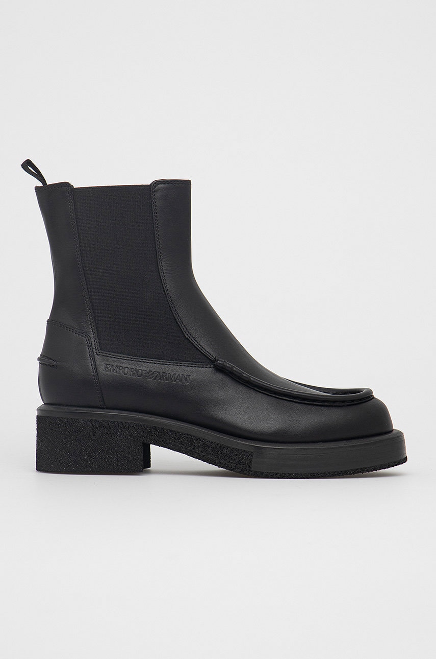 Emporio armani ghete chelsea de piele femei, culoarea negru, cu toc plat
