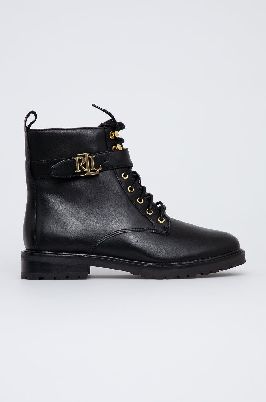 Kožené kotníkové boty Lauren Ralph Lauren Elridge dámské, černá barva, na plochém podpatku, 80283841