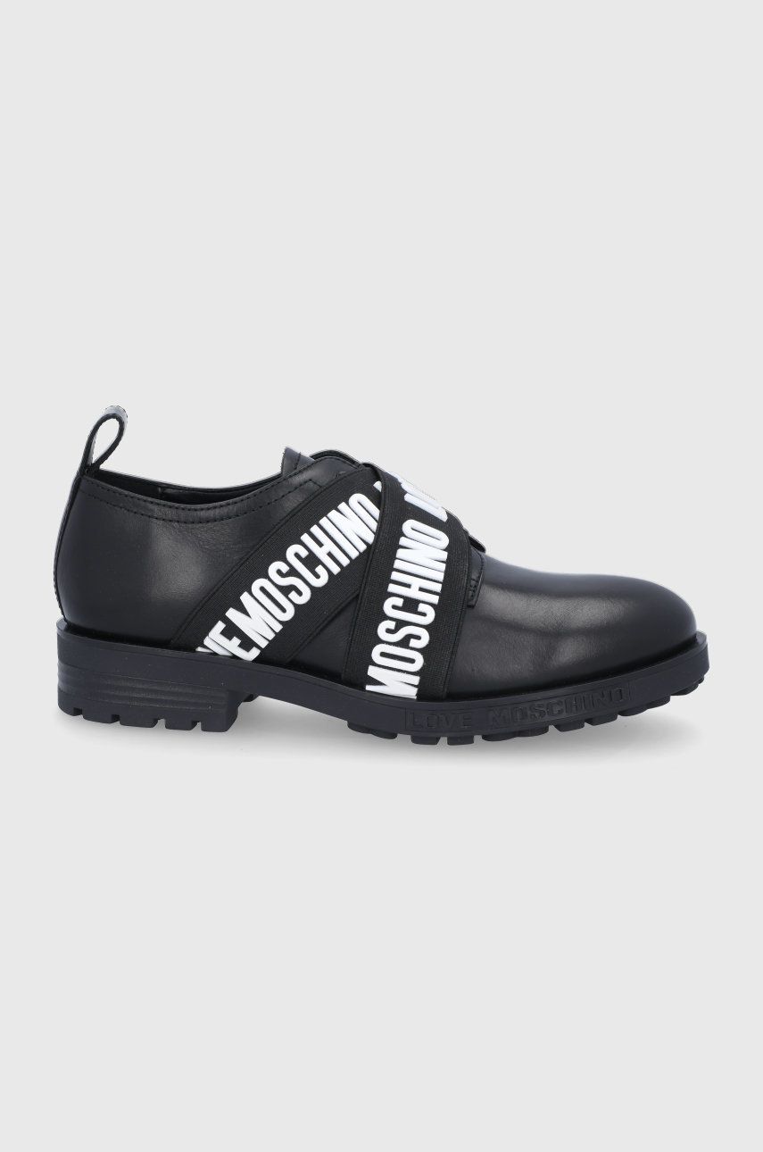 Love Moschino Pantofi de piele femei, culoarea negru, cu toc plat answear.ro imagine noua 2022