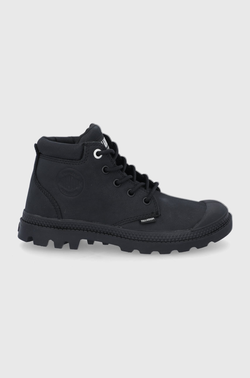 Palladium ghete de piele femei, culoarea negru, cu toc plat